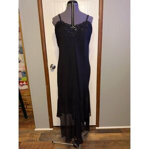 Vintage 90s Black Sheer Bias Cut Asymmetrical Beaded Lace Slip Dress Nightgown S